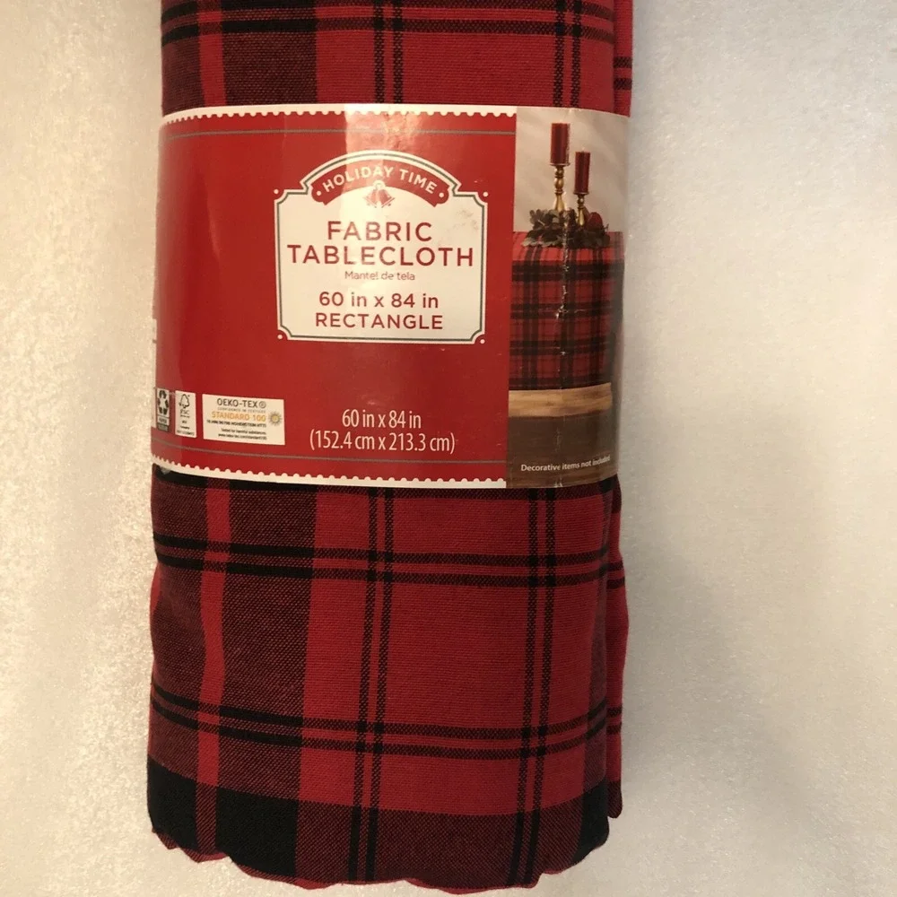 New Holiday Time‎ Buffalo Plaid Fabric Tablecloth Red Black Rectangle 60